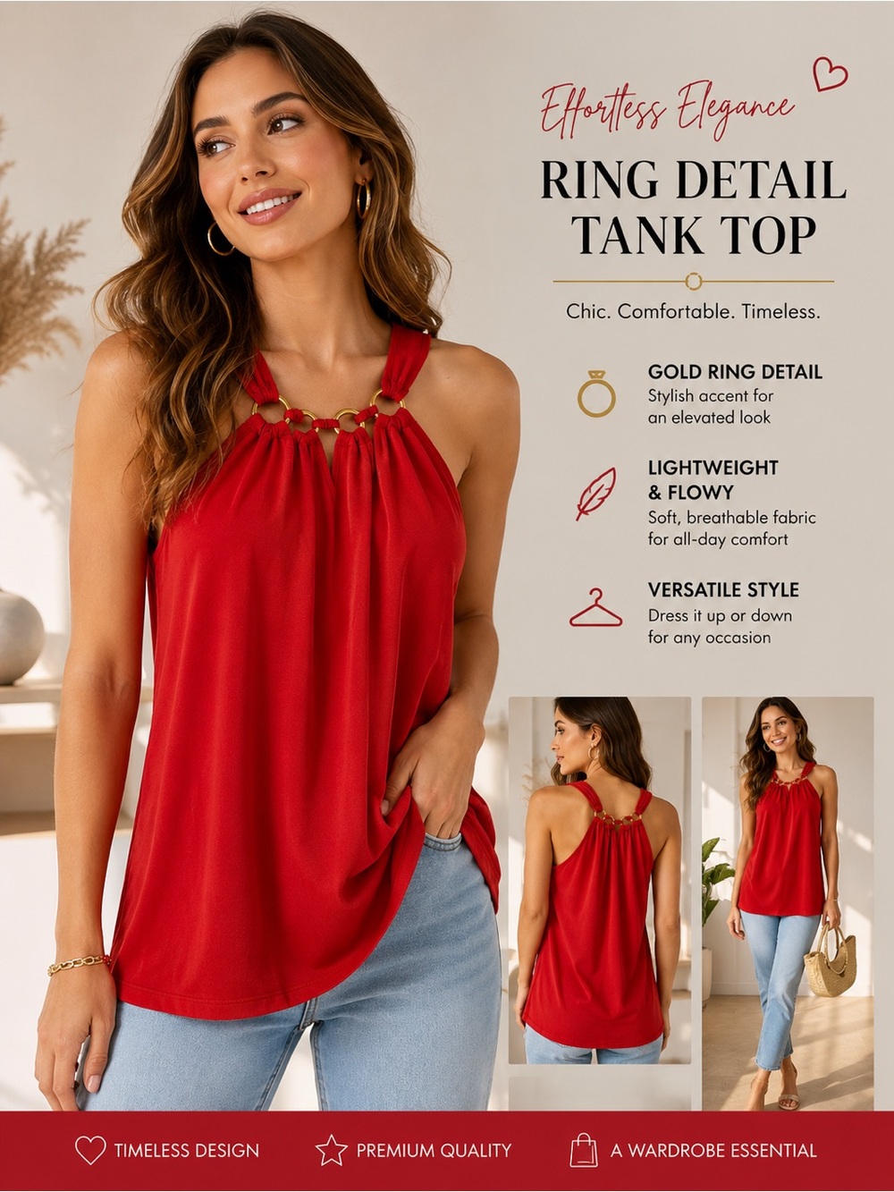 Ring Detail Flowy Red Halter Top - S